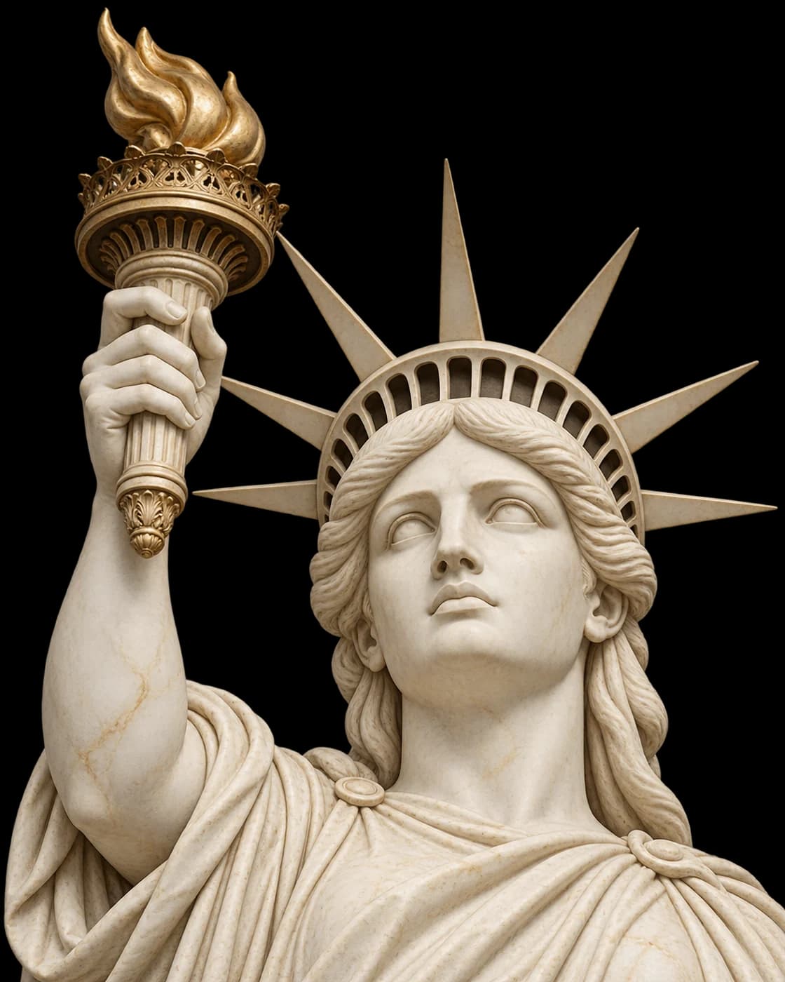 The Statue of Liberty carved in warm ivory marble, with antique-gold seams and a golden torch