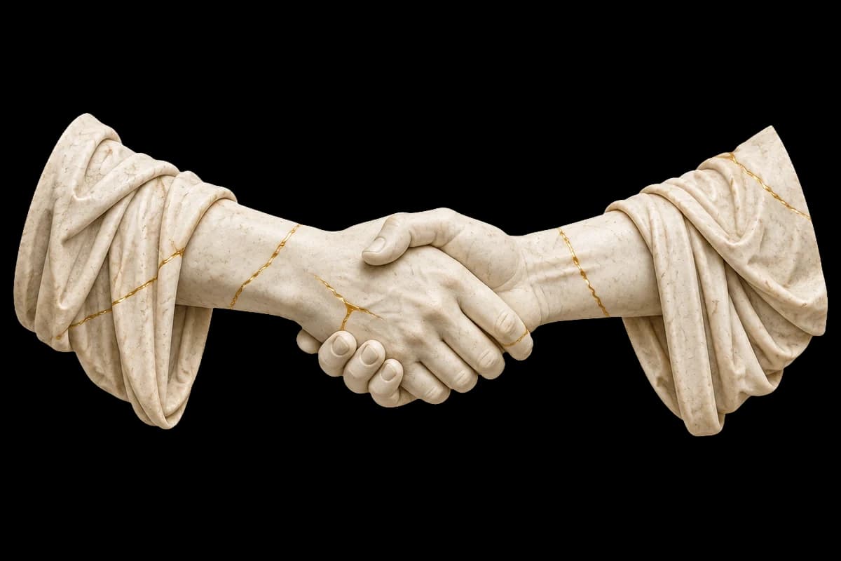 Two carved ivory-marble hands joined in a handshake, with delicate gold repair seams