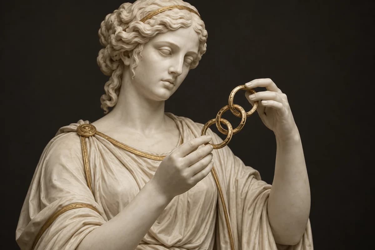 An ivory marble artisan connecting golden rings against a charcoal background, representing useful technology.
