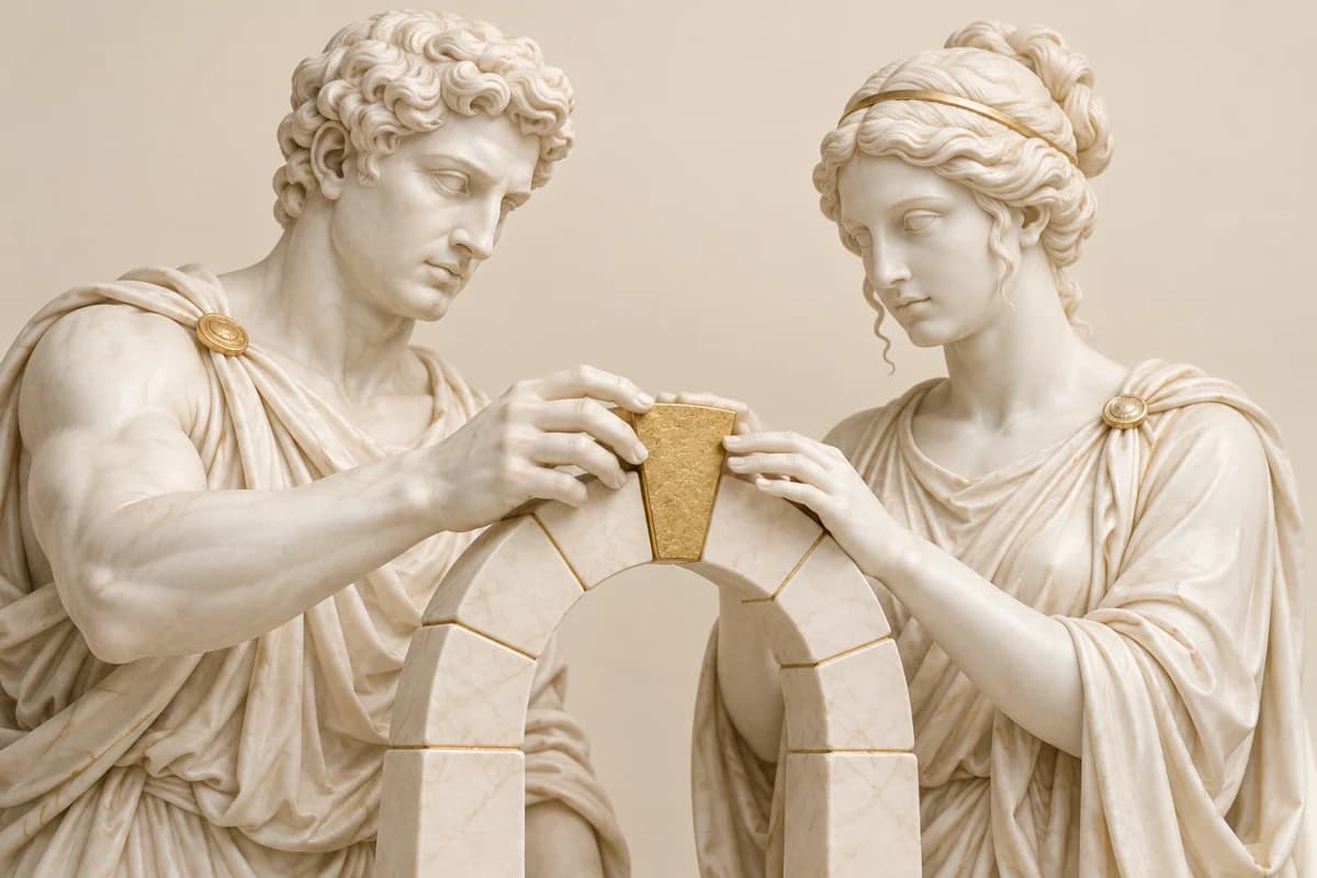 Two ivory marble figures placing a golden keystone into an arch, representing complementary skills.