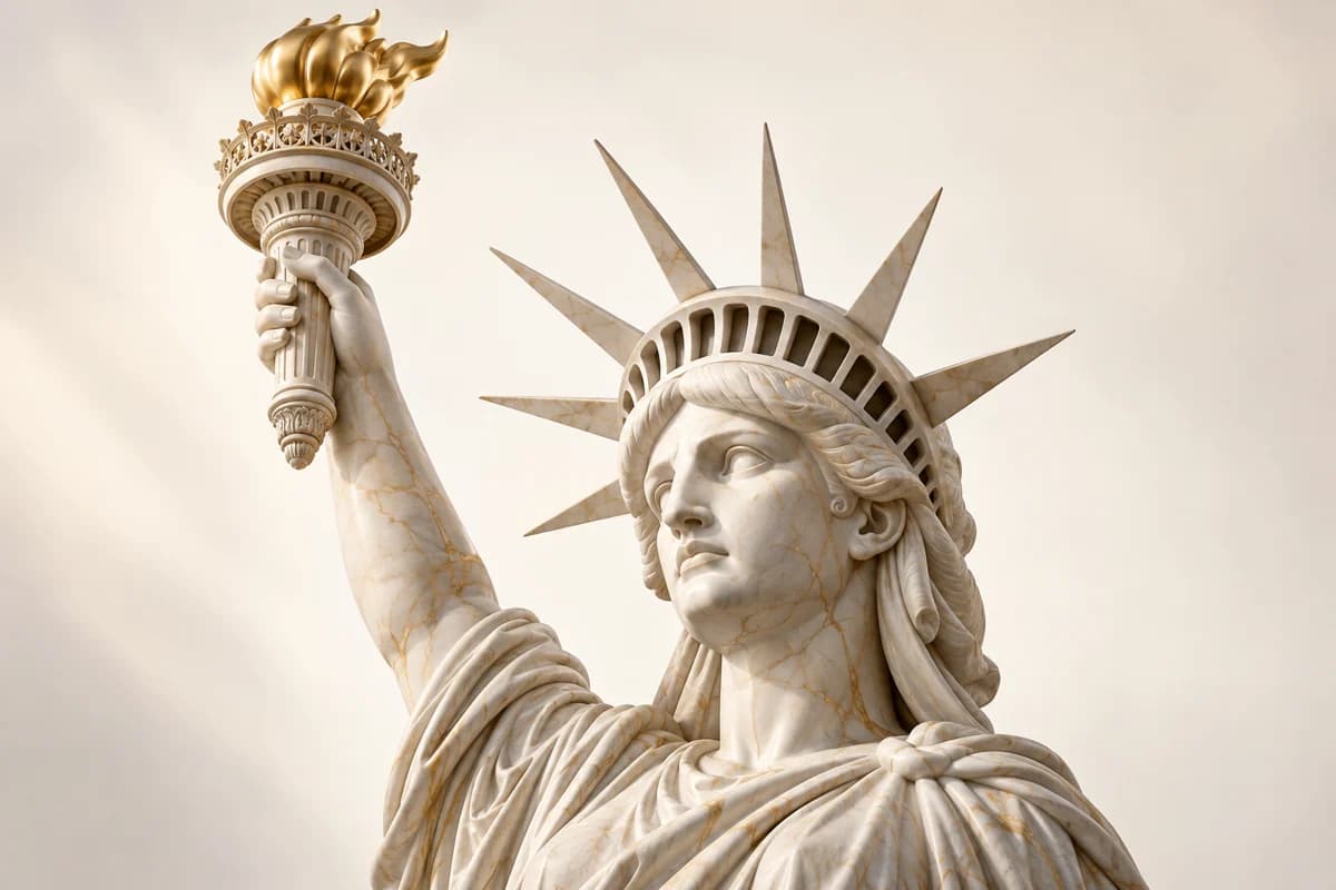 An ivory marble Statue of Liberty with champagne-gold veins, against a neutral ivory studio background