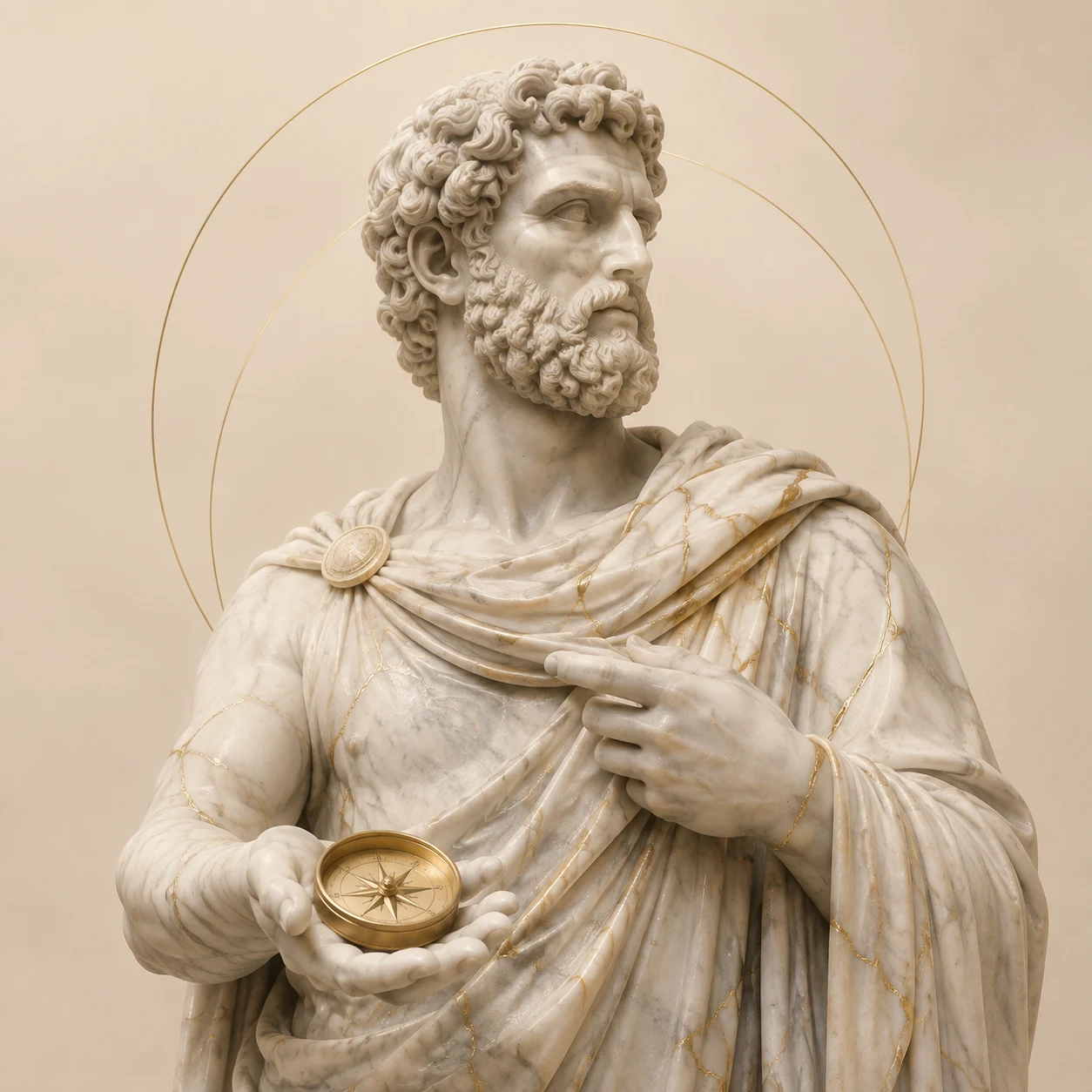 A classical marble navigator holding a small golden compass