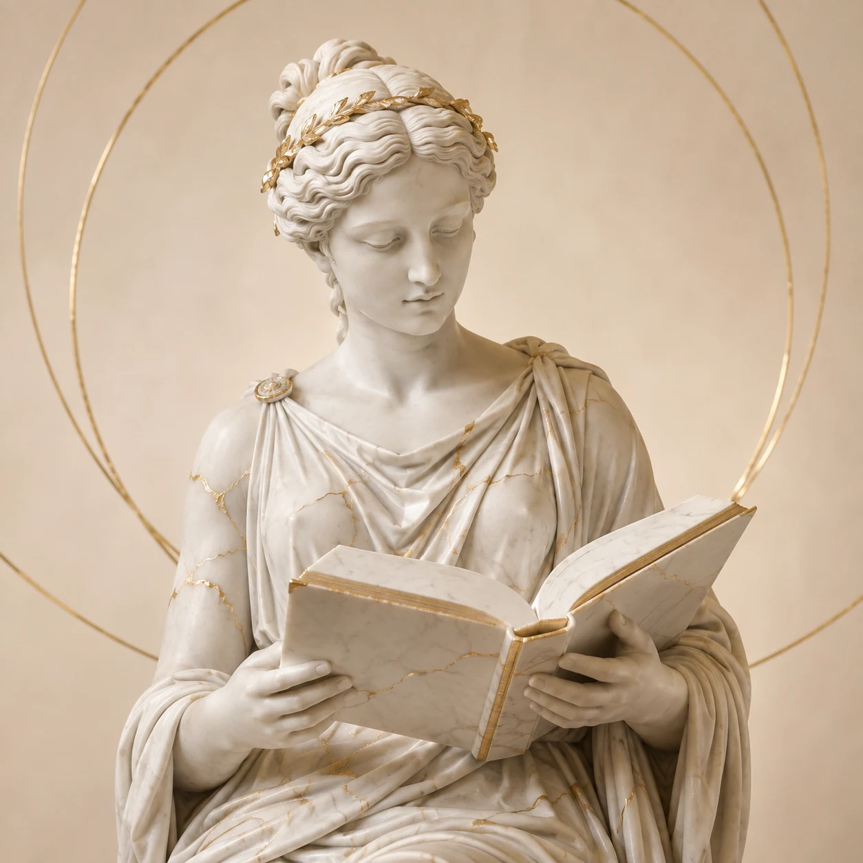 A classical marble muse reading an open gold-edged book
