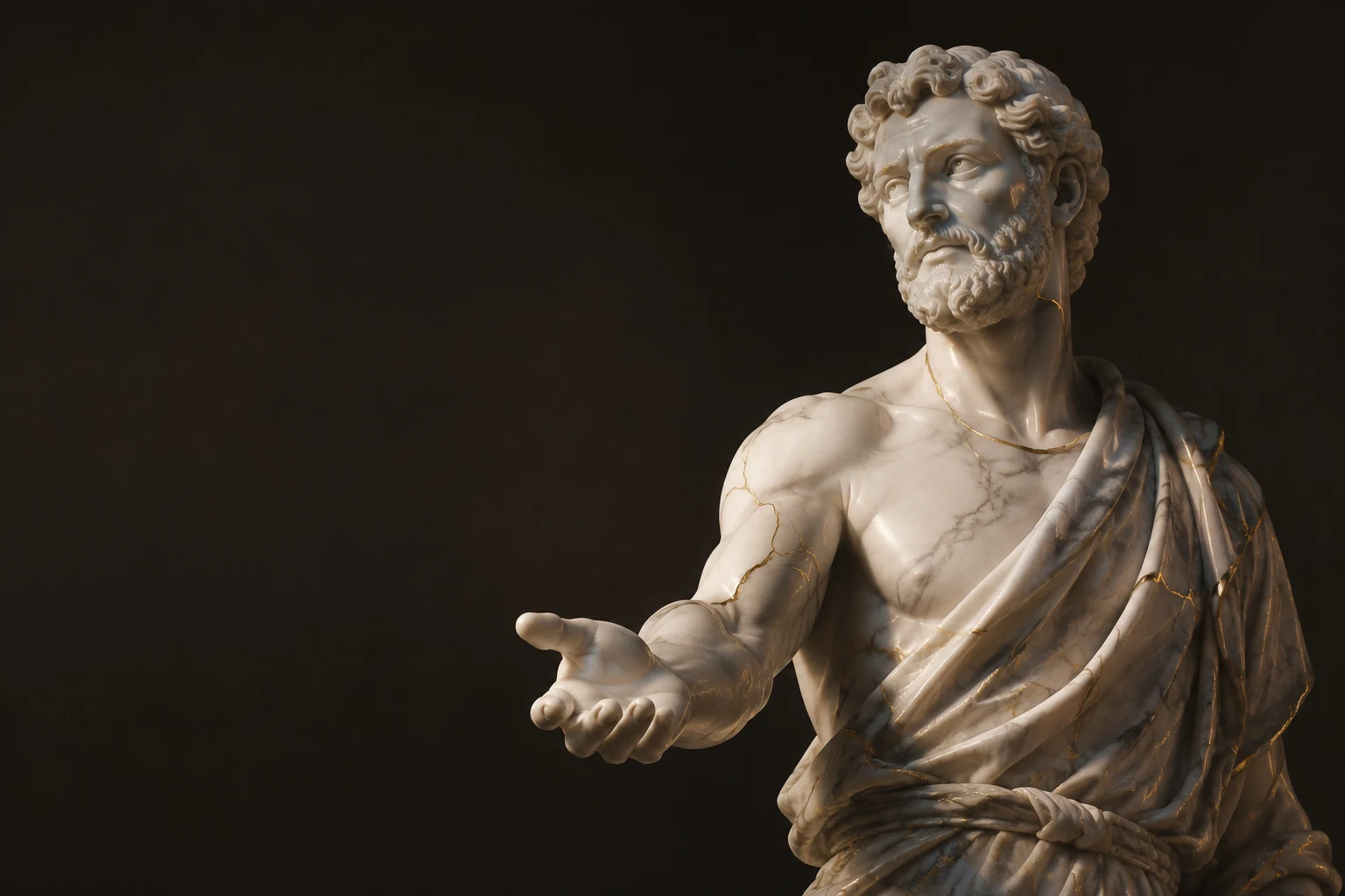 A marble sculptor with fine gold veins extending an open hand in invitation