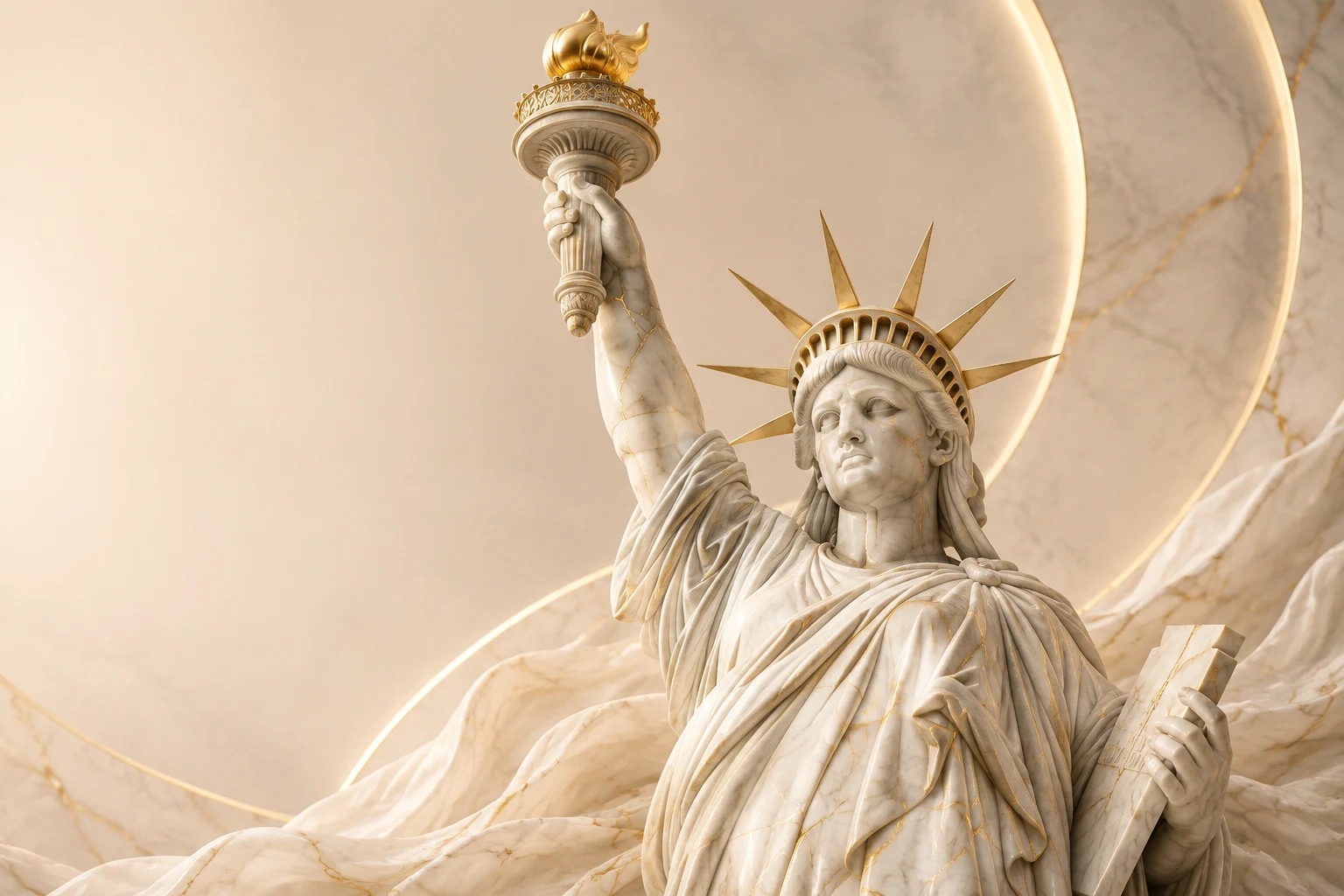 Statue of Liberty sculpted in ivory marble with fine gold veins and a golden flame