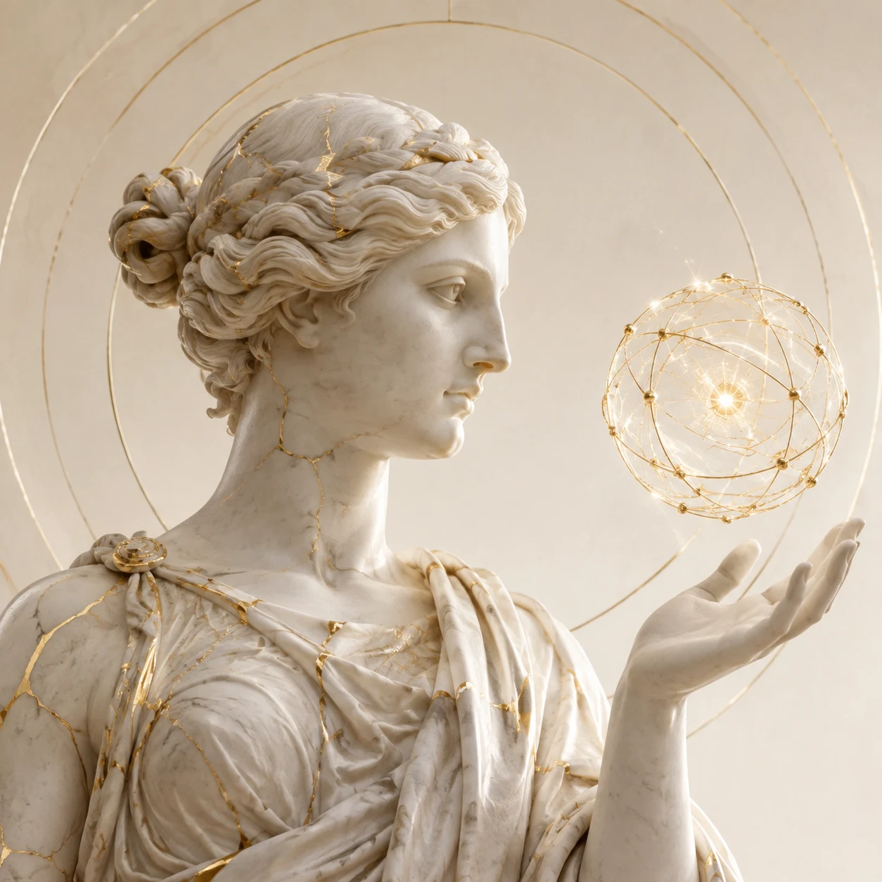 A marble figure with gold veins contemplating a luminous golden orb above her hand