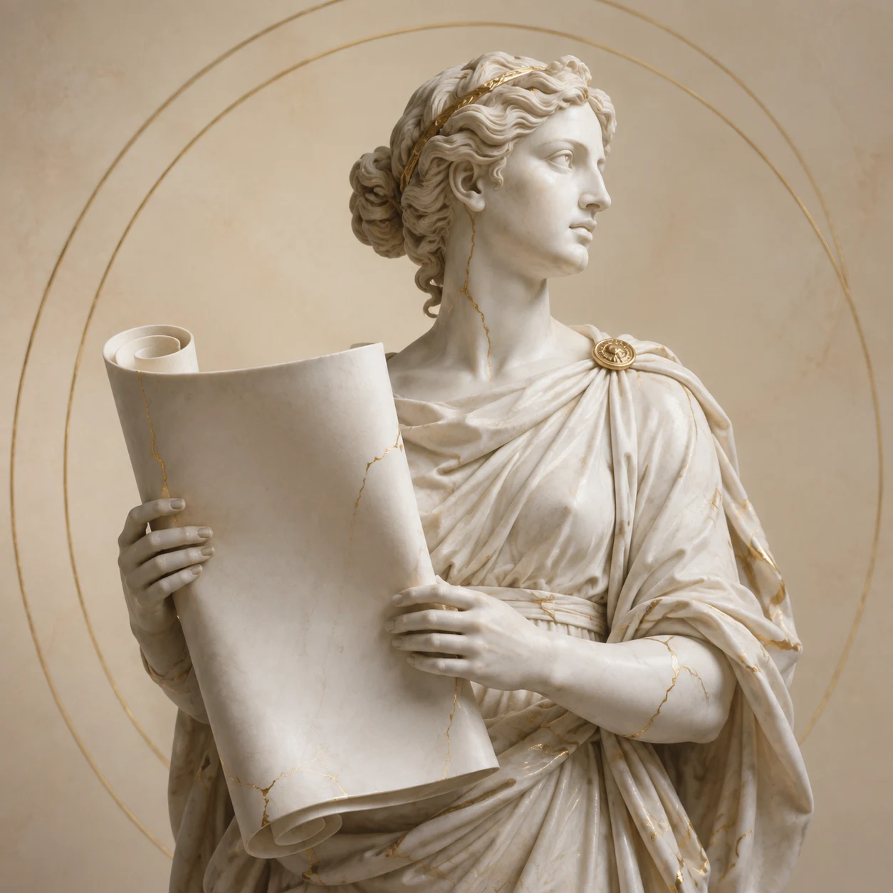 An ivory marble artisan with gold veins holding a rolled architectural blueprint